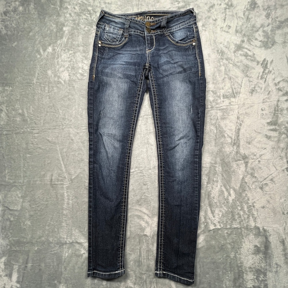 WallFlower Skinny Jeans Juniors Dark Wash Distressed Low Rise Rhinestones 2